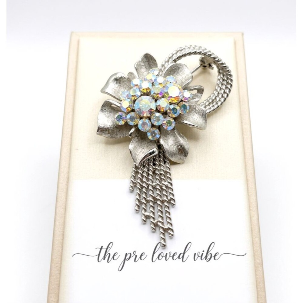 Rhinestone Flower Brooch Aurora Borealis Silver Tone Vintage Pin